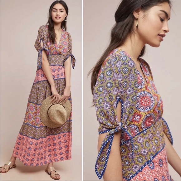 MAEVE BY ANTHROPOLOGIE EDER TIERED BOHO TIE SLEEVE DRESS - Picture 1 of 11